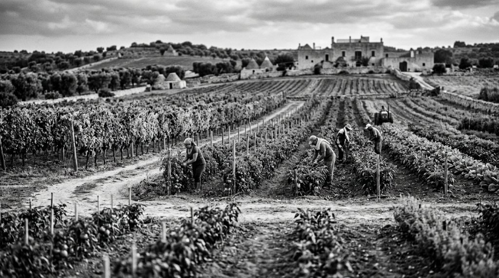 Lavoro agricolo nei campi di ulivo — coltivazione tradizionale olio EVO Puglia Mottola