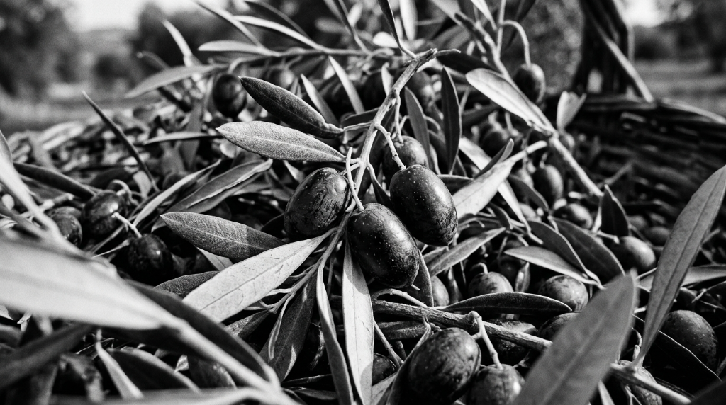 Olio extravergine 100% Coratina monovarietale Mottola — olive con foglie Puglia